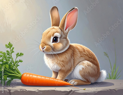 Bunny Sitting with Carrot by Its Side, Side Angle, isolated on transparent background.