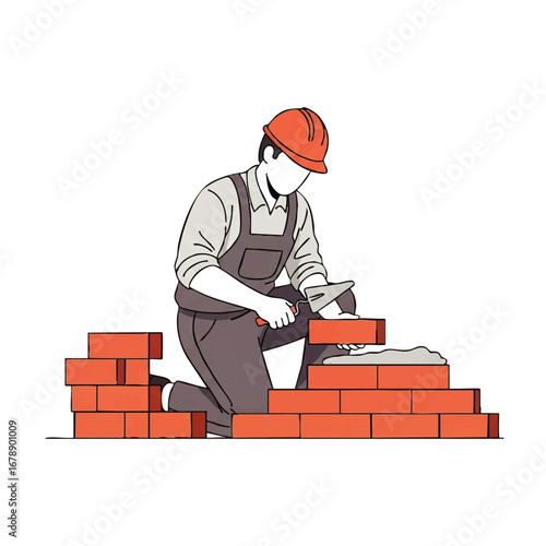 Craftsman carefully laying bricks to build a strong wall with precision and skill on construction site