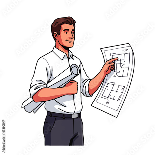 Confident architect reviewing blueprint plans for modern house design project, offering creative solutions