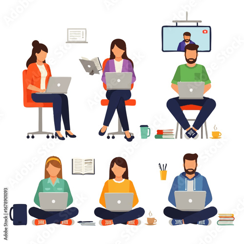 Diverse group working remotely using laptops for virtual meetings and online learning from home offices