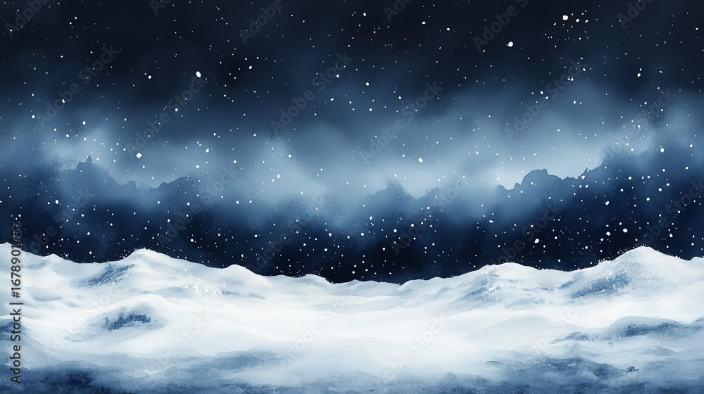 Naklejka premium Snowy Night with Starry Sky and Frosty Mountains