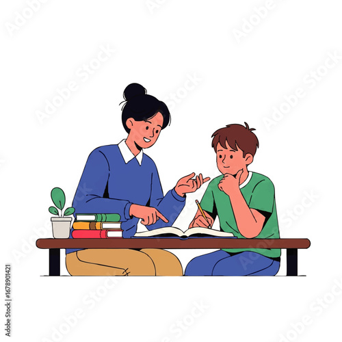 Dedicated teacher assisting student with homework, fostering learning, perfect for education and family blogs