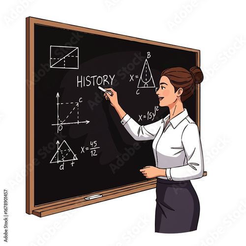 Engaging teacher explaining history and math on blackboard in classroom setting, perfect for education materials