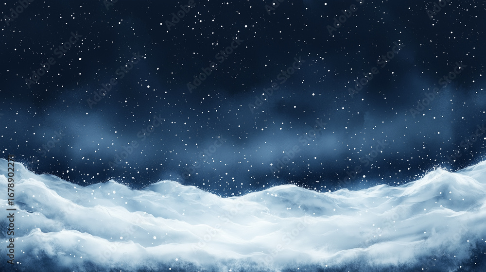 Naklejka premium Winter Night Sky with Snowy Mountains and Falling Snowflakes