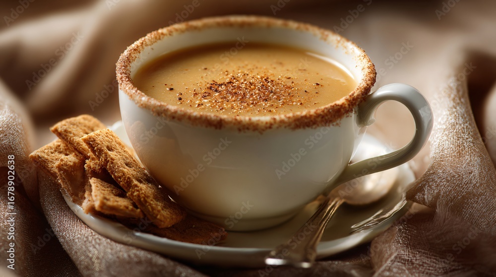 Obraz premium Sweet and savory apple soup, cinnamon-dusted rim, beige backdrop with cozy lighting