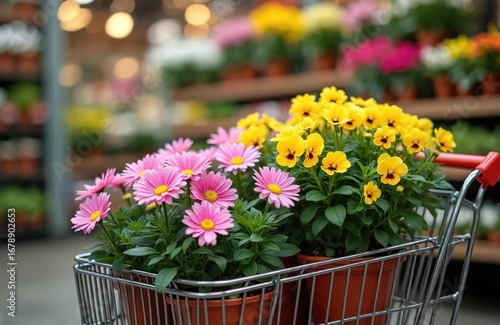 Wallpaper Mural Colorful flowers in shopping cart. Pink daisies and yellow pansies displayed in pots. Flower shop interior, rows of plants on shelves. Buying garden plants, healthy greenery, vibrant colors. Torontodigital.ca