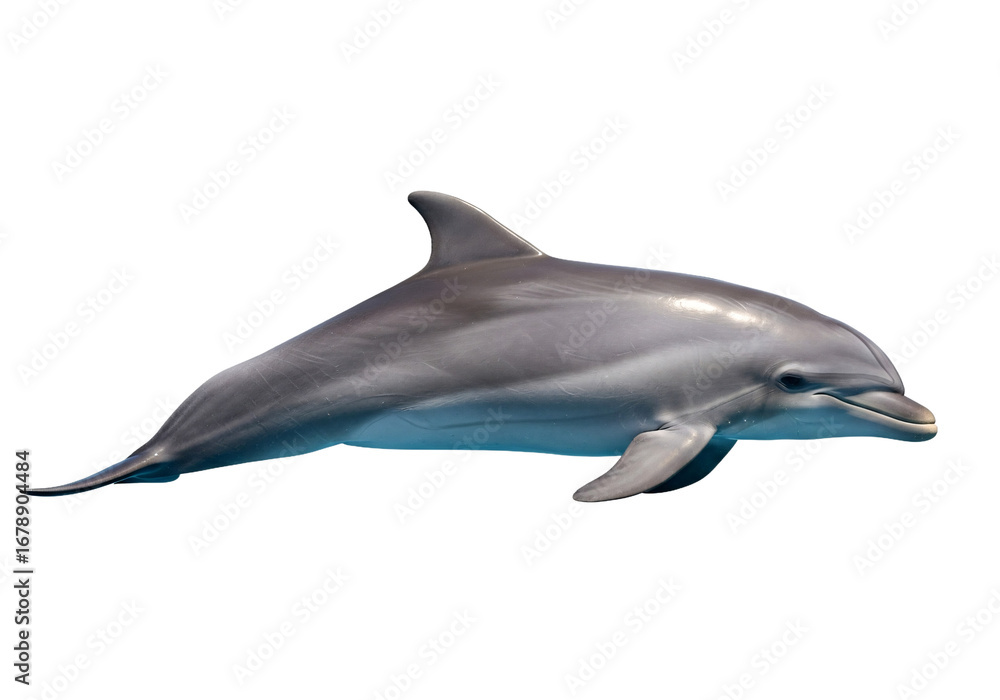Fototapeta premium A graceful bottlenose dolphin swims in clear blue water with its sleek body and friendly expression isolated on transparent background