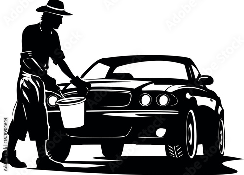 a black and white drawing of a man cleaning a car eps vector