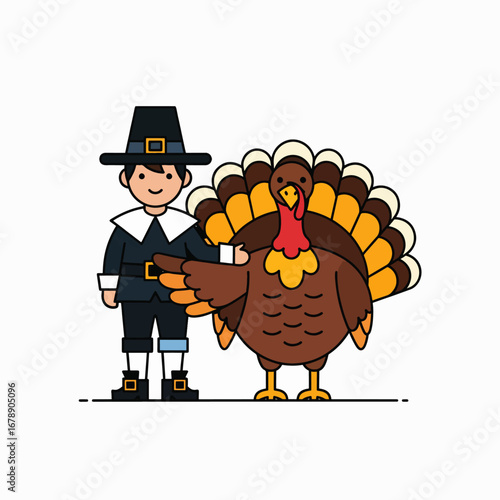 Thanksgiving Pilgrim and Turkey Cartoon Illustration