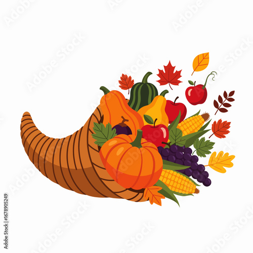 Abundant Cornucopia Filled with Autumn Harvest Fruits and Vegetables