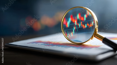 Magnifying glass reveals detailed stock market candlestick chart on financial report, symbolizing investment analysis and business growth. Ai Generated Images