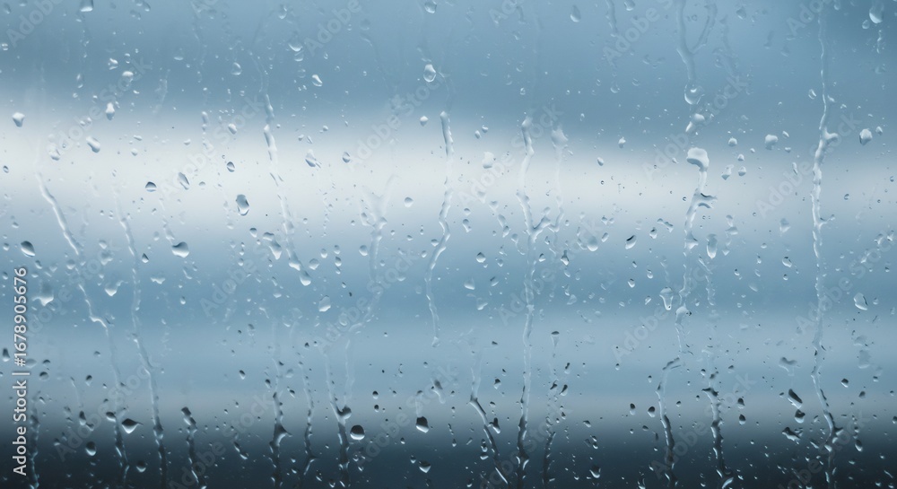Obraz premium 雨上がりの窓ガラスに無数の水滴が輝き、静かに佇む曇り空を映し出す。