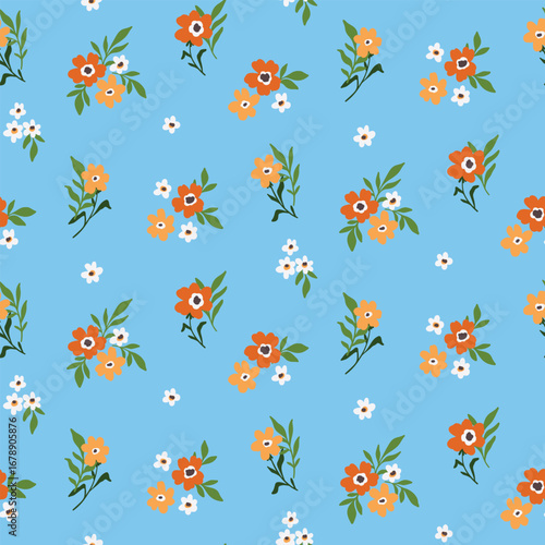 Seamless floral pattern, liberty ditsy print of mini flowers on blue field. Cute botanical design of small hand drawn flowers, tiny leaves, simple pretty bouquets in folk motif. Vector illustration.