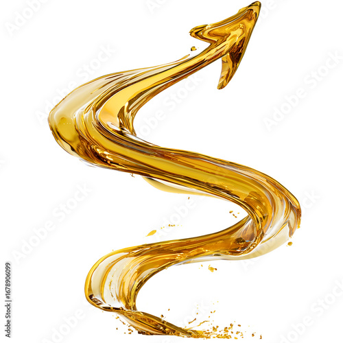 liquid gold / vibrant yellow oil three-dimensional wavy arrow is pointing up; opulent element is isolated over white (transparent) background