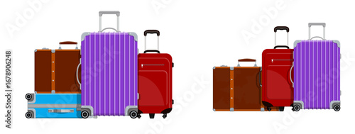 Colorful travel suitcases in different sizes with rolling wheels and extended handles. Luggage bag set for vacation trip.