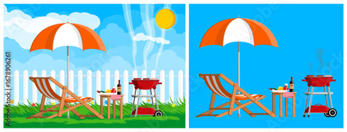 Summer picnic with barbecue grill and deck chair by white wooden fence. Bbq party concept for outdoor recreation.