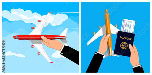 Man holding airplane, passport and boarding pass. Air travel and vacation concept. Tourism and transportation illustration.