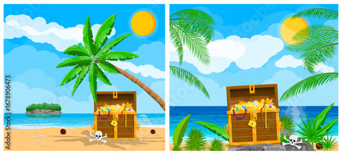 Wooden treasure chest with gold coin. Pirate loot on deserted tropical island. Adventure, wealth, and discovery concept for game background.