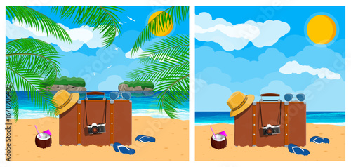 Holiday vacation travel illustration. Suitcase, coconut drink, hat, flip flops on tropical beach island. Summer journey tourism concept.