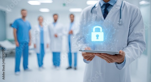 Doctor Holding Tablet with Secure Healthcare Data Lock Icon.