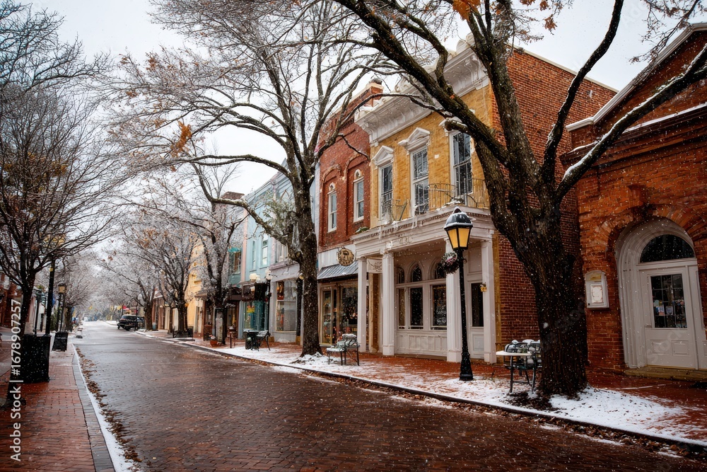 Fototapeta premium Downtown Virginia Street Scene with Old Buildings and Snow-Covered Streets