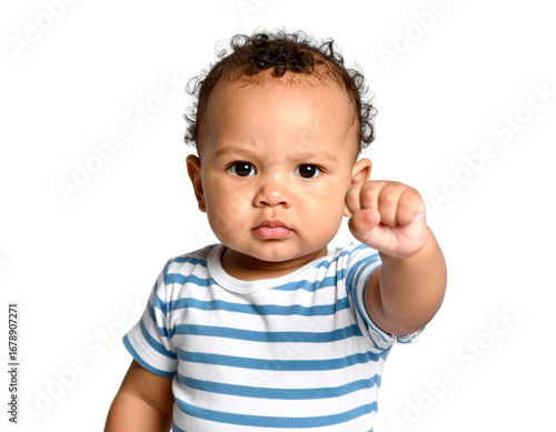  _Baby hold up his fist determined to work hard! funny shot in png transparent backgrou