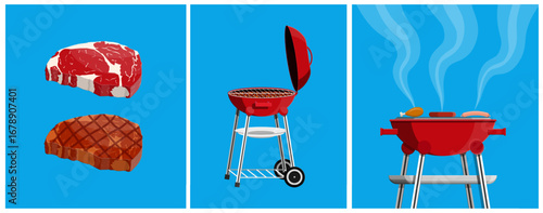 Three flat style illustrations of raw steak, a cooked steak, an opened barbecue grill, and food cooking on a smoking grill.