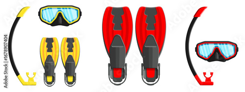 Scuba gear set with colorful flippers, mask, and snorkel. Diving equipment for summer vacation and underwater adventure concept.