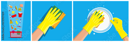 Cleaning tool set collection. House cleaning products. Hands in yellow rubber gloves washing white plate with sponge concept.