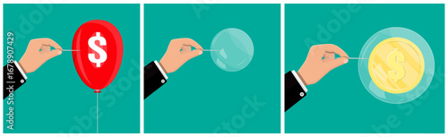 Man hand with needle piercing balloon. Financial crisis concept. Businessman bursting soap bubble representing economic collapse.
