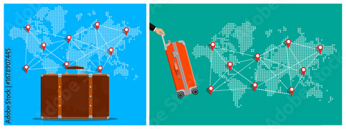 World map with travel route and pin pointer. Travel planning concept with luggage or suitcase. Global business, journey destination.