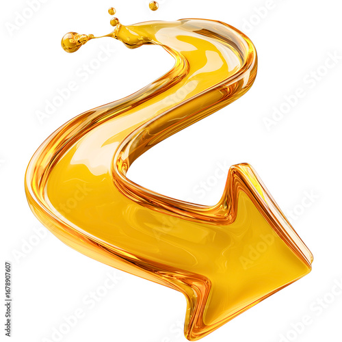 liquid golden three-dimensional arrow shape pointing to a side; opulent element is isolated over white (transparent) background