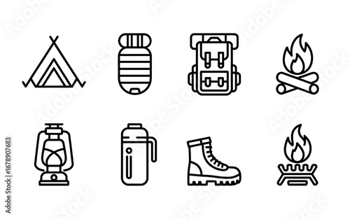 A set of eight black and white outdoor essentials icons for camping and hiking trip with a adventure theme