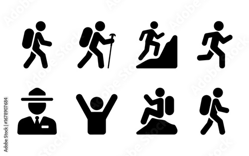 Set of Eight Black Silhouette Icons Featuring Hikers and Outdoor Activities for Versatile Use