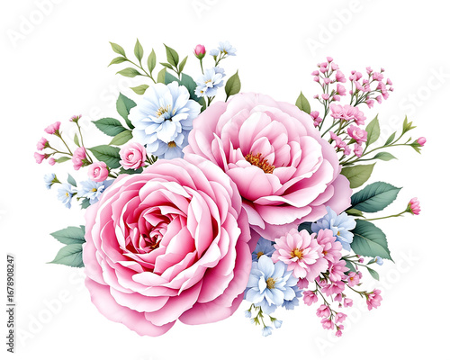  Watercolor Pink Rose and Blue Floral Bouquet, Isolated on Transparent Background