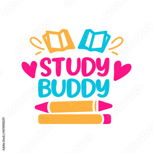 Study buddy text with books and crayons isolated on transparent background