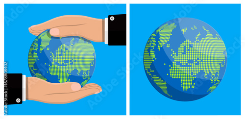 Man hand holds a dotted planet Earth globe. A world in your hands. Global communication and environmental care concept. For Earth Day.