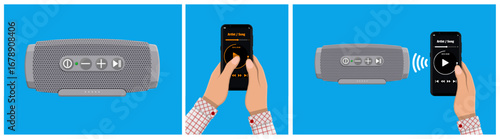 Portable wireless speaker with control buttons. Man using smartphone to play music. Bluetooth audio device connecting to mobile phone for entertainment.