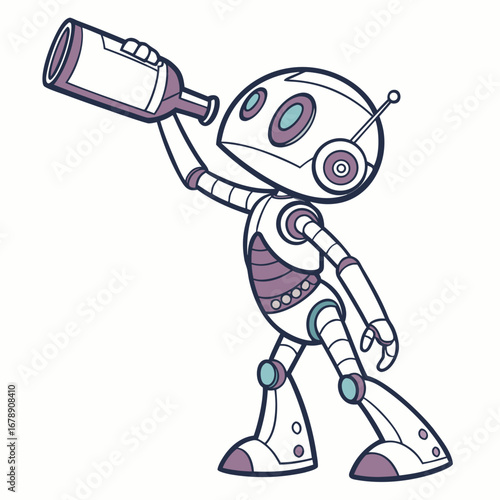 Vector art of cartoon robot drinking from a bottle, a fun and playful illustration for childrens designs