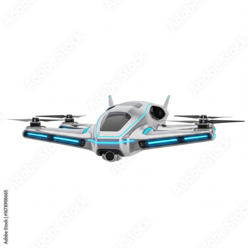 A futuristic drone, hovering in the center of a pure white void, no shadows.