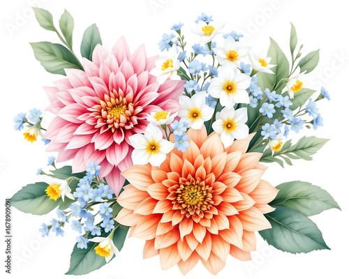 watercolor flowers bouquet, pink, orange, blue clip art preview