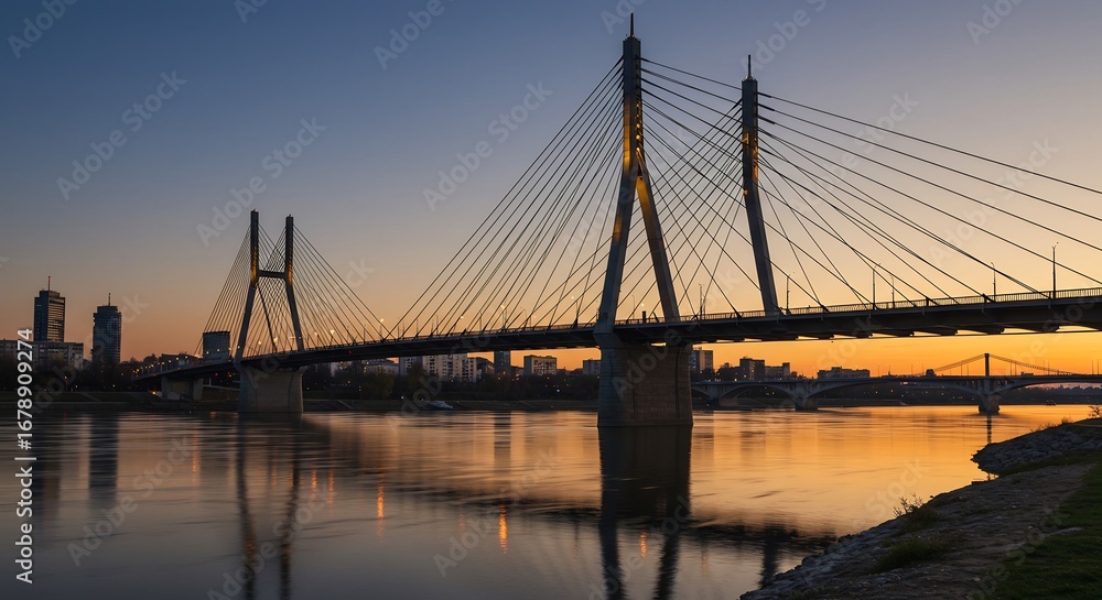 Obraz premium 夕焼け空に映える壮大な吊り橋、水面に美しいシルエットを描き出す。