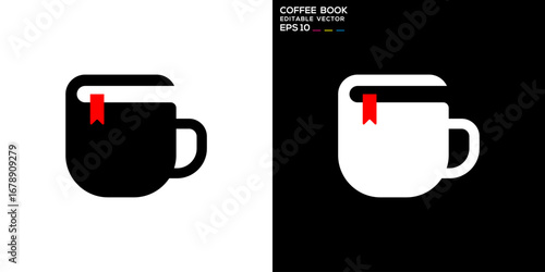 Coffee and book logo. Study, reading, relaxing, morning. Vector icon symbol template EPS 10.