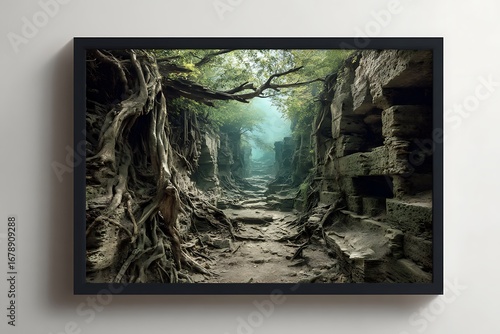 Mystical jungle pathway through ancient stone ruins, overgrown with massive tree roots.