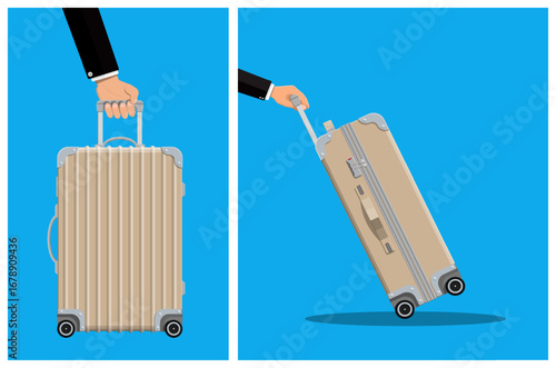 Man hand holding suitcase. Travel luggage in two positions. Business trip and vacation journey concept in flat style.