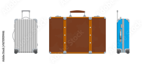 Set of three different luggage types. Travel bags collection including modern wheeled suitcase and vintage trunk. Flat style vector for journey planning.