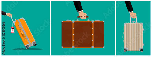 Man hand holding different luggage. Various suitcase and travel bag in retro and modern design. Vacation trip, summer journey concept.