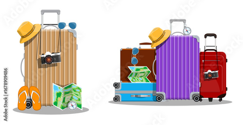 Travel concept with luggage, camera, hat, and map. Summer vacation baggage set with essential items for holiday trip. Flat vector illustration.