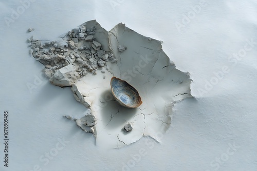 A small blue and white ceramic bowl rests in a crater of broken white clay, a study in contrasts and fragility.