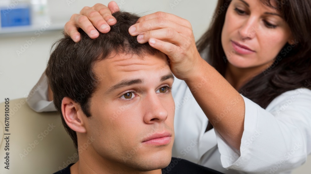 Naklejka premium Hair restoration consultation clinic medical appointment professional environment close-up view health and wellness